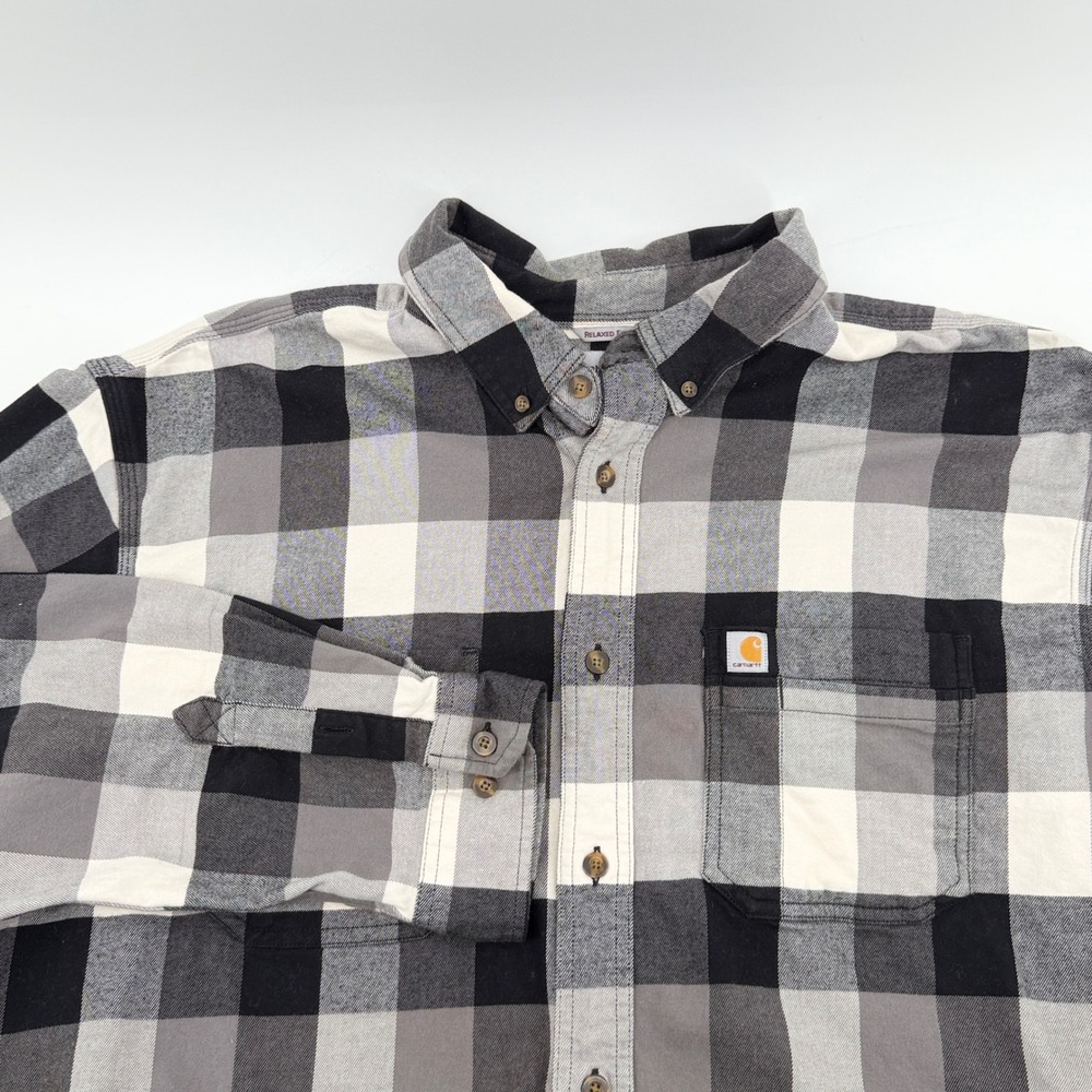 Carhartt Mens Relaxed Fit Plaid Flannel Button Down Shirt Gray Black White 2XL